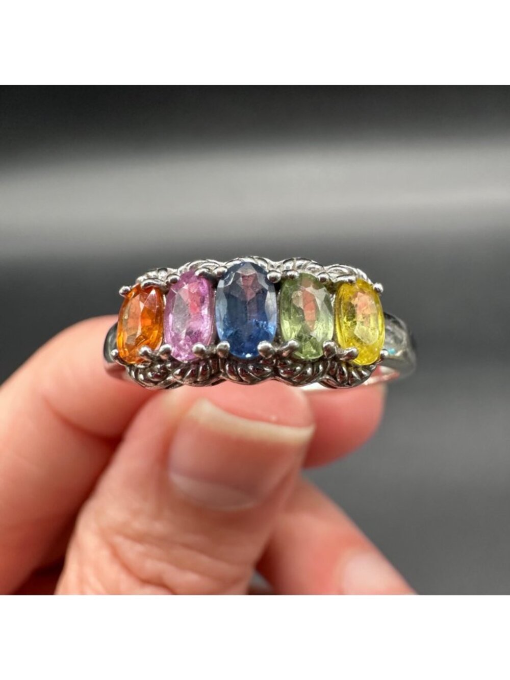 Vintage Sterling Silver Multicolor Gemstone Ring Rainbow Statement Size 10.75 - Picture 8 of 11